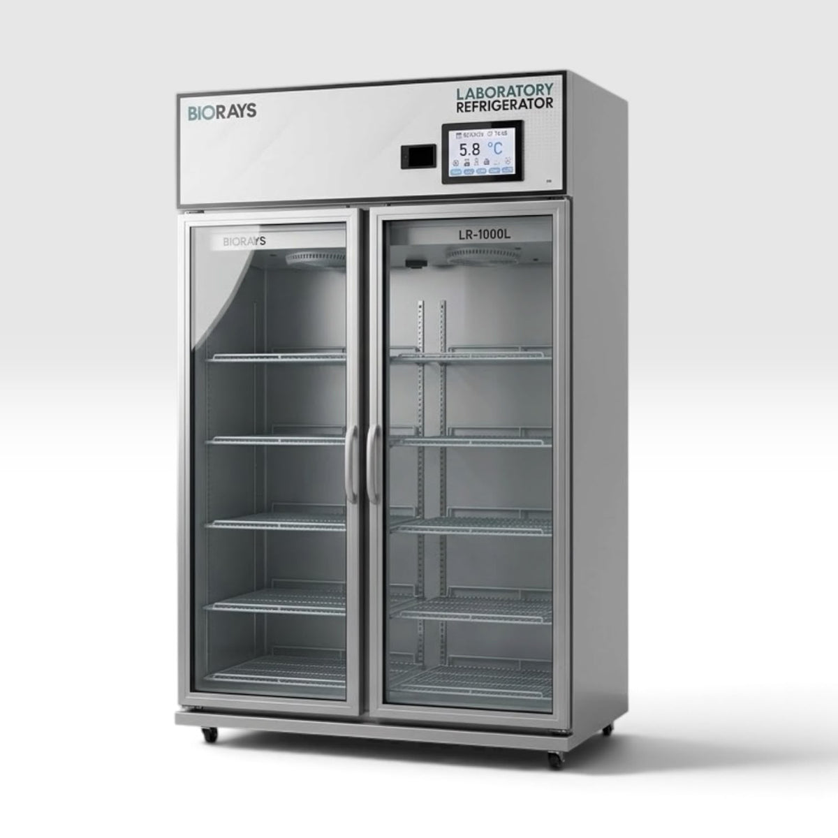 Biorays Laboratory Refrigerator model LR-1000L, featuring a stainless steel exterior, two glass doors with wire shelves, and a digital control screen on the top right.