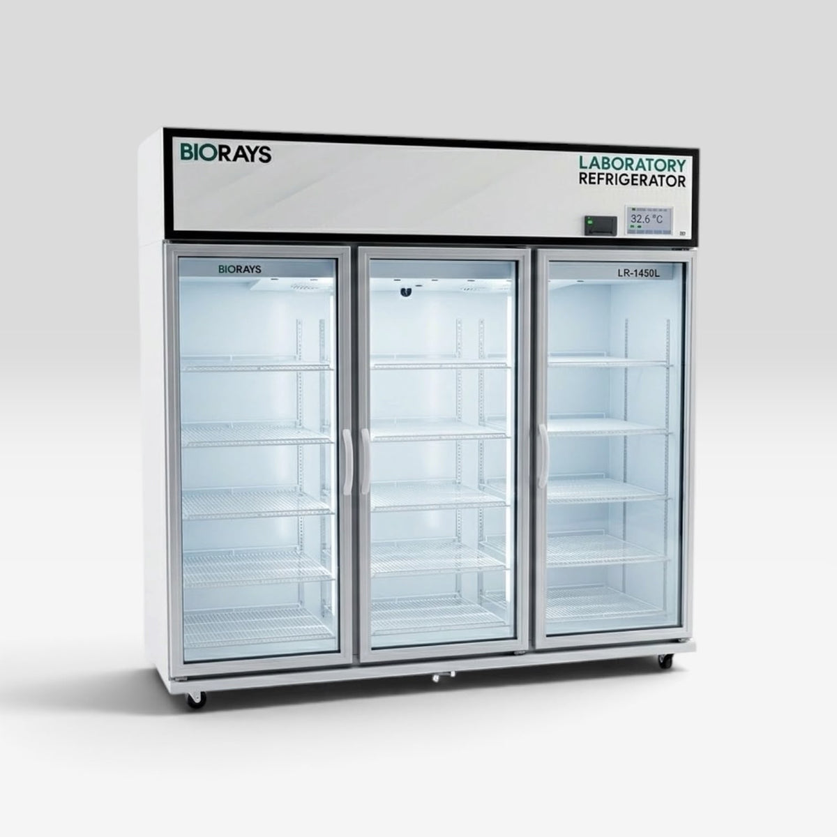 A BIORAYS laboratory refrigerator with three glass doors and internal shelving, shown on a light gray studio background.