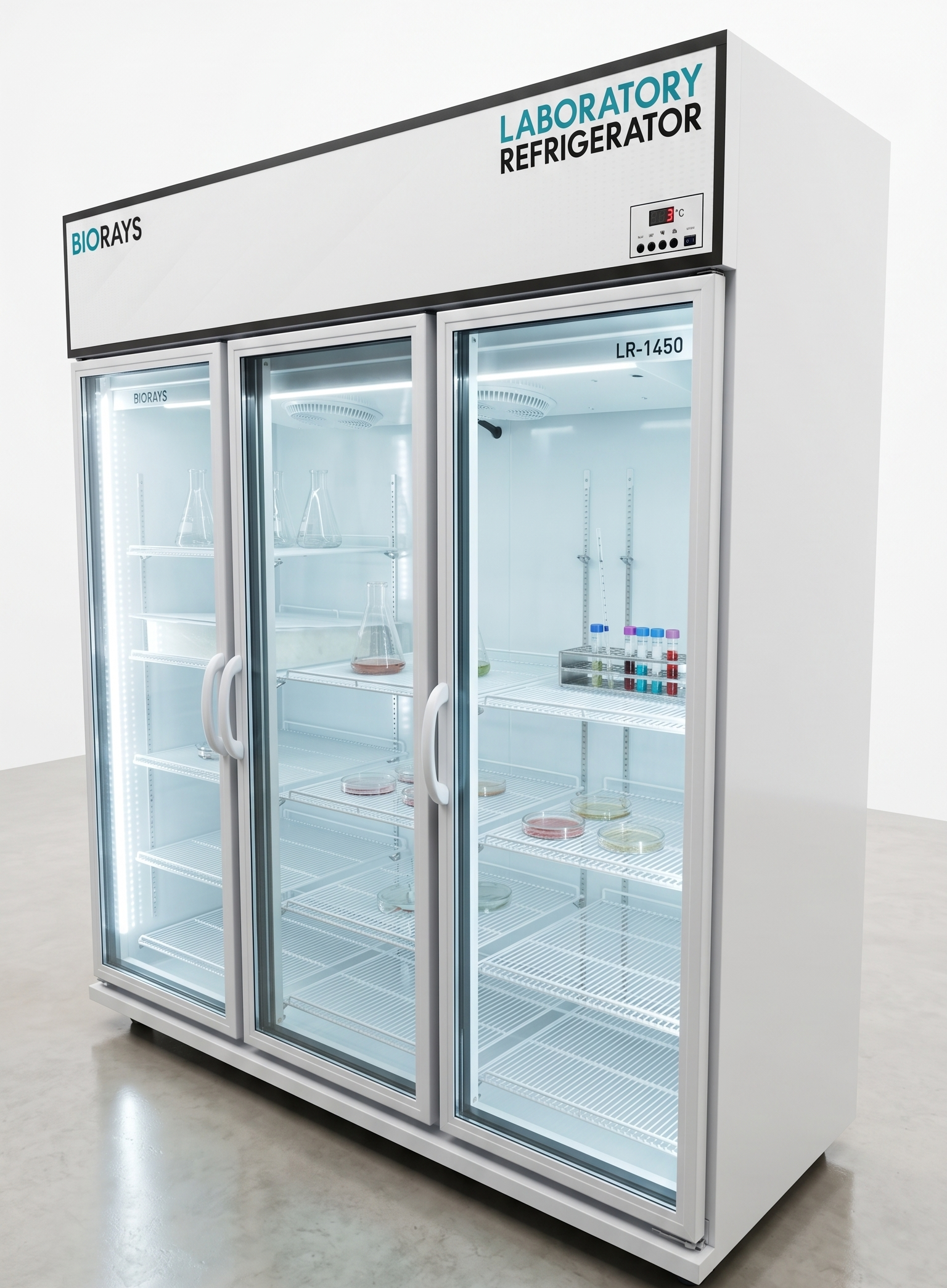 A white laboratory refrigerator with three glass doors, shown empty with shelves and test tubes visible inside. The top panel displays the brand name 'BIORAYS' and the text 'LABORATORY REFRIGERATOR'.