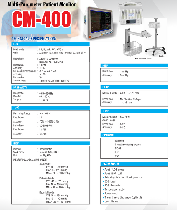 Multi Parameters Patient Monitor CM-400 - Best Quality CM-400 Patient BP ECG SPO2 Etc Monitors